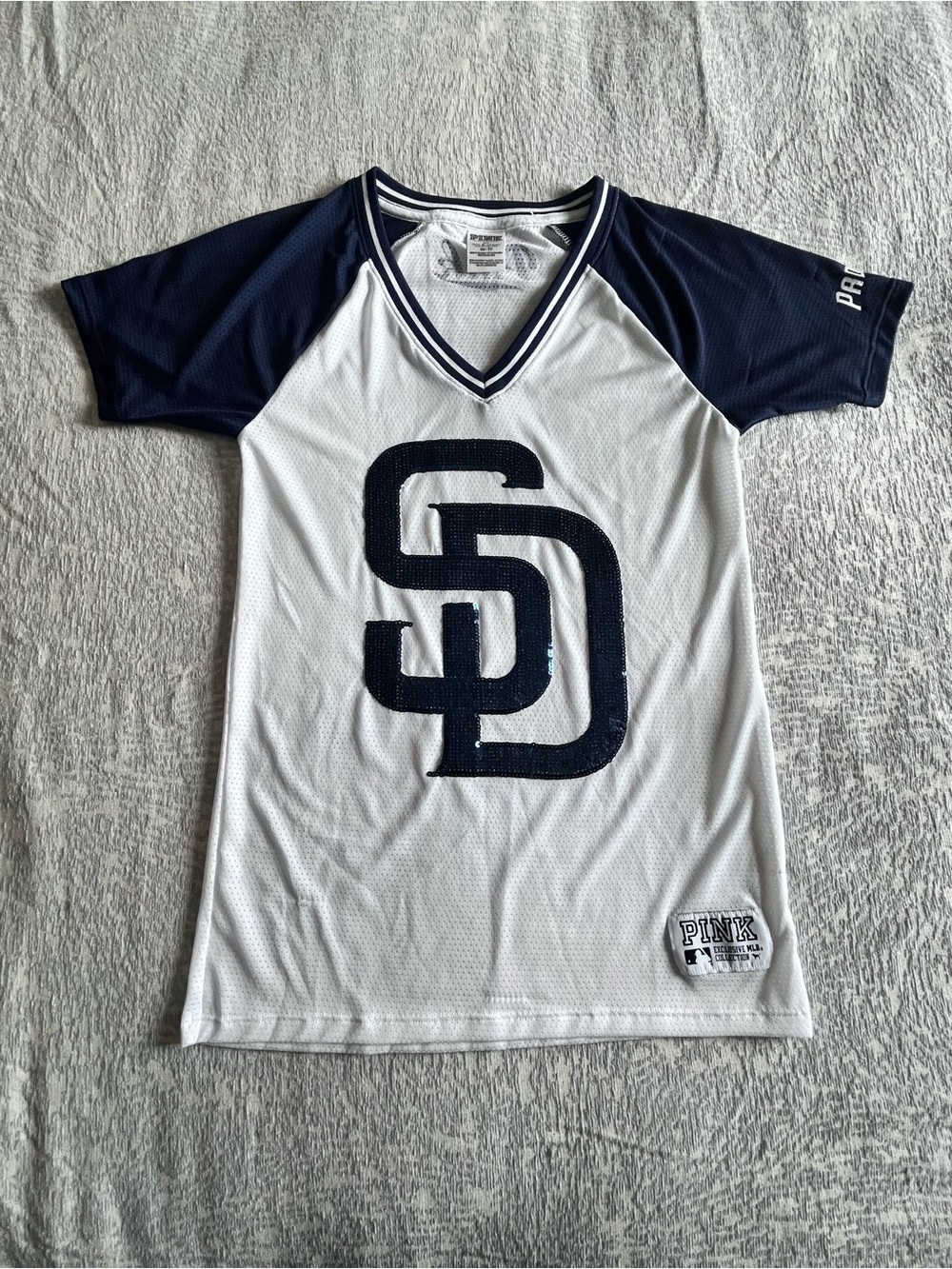 PINK Victoria's Secret White V-Neck Baseball Tee with Navy Sleeves